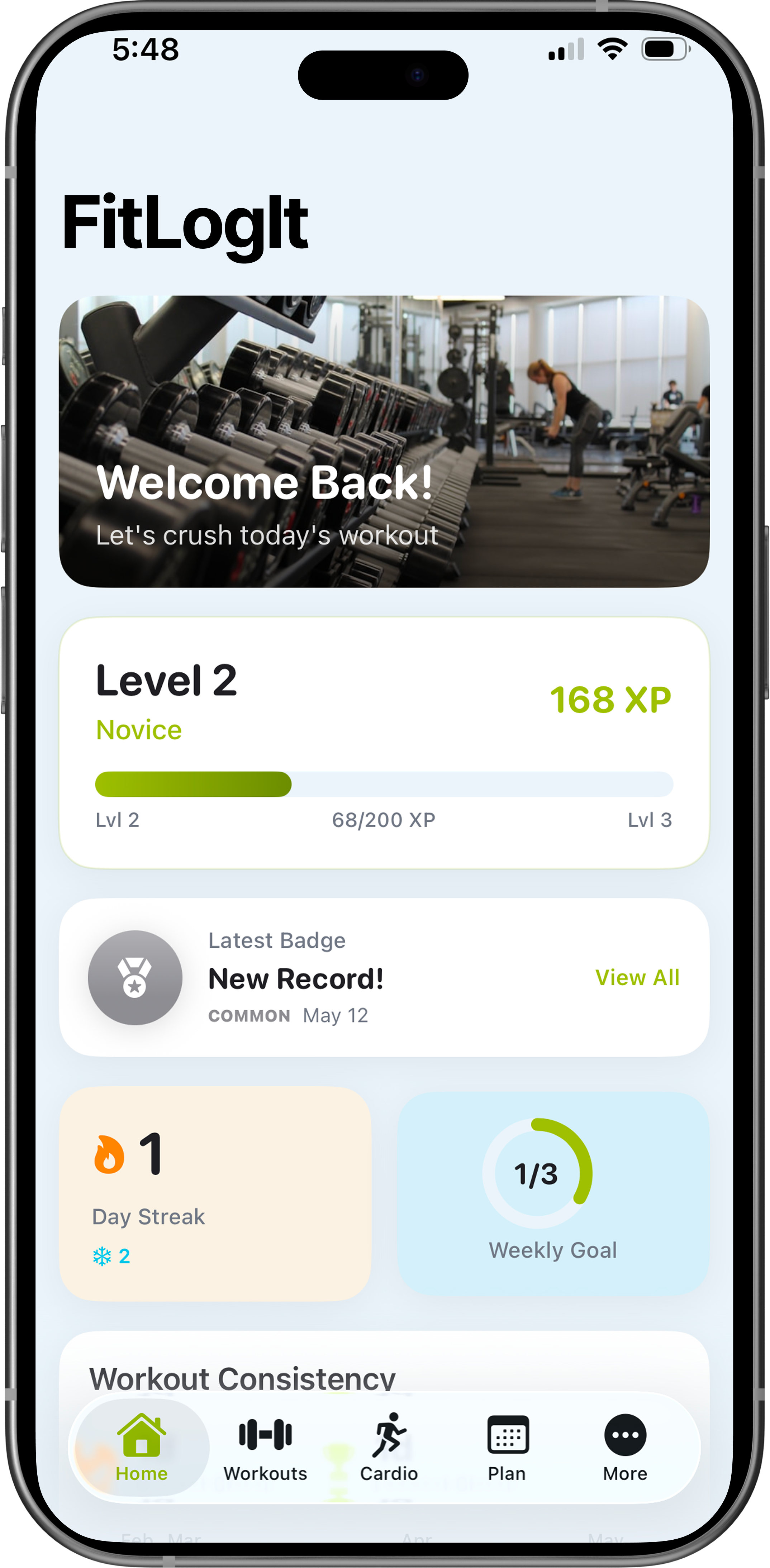 FigLogIt app screens showing dashboard and cardio session